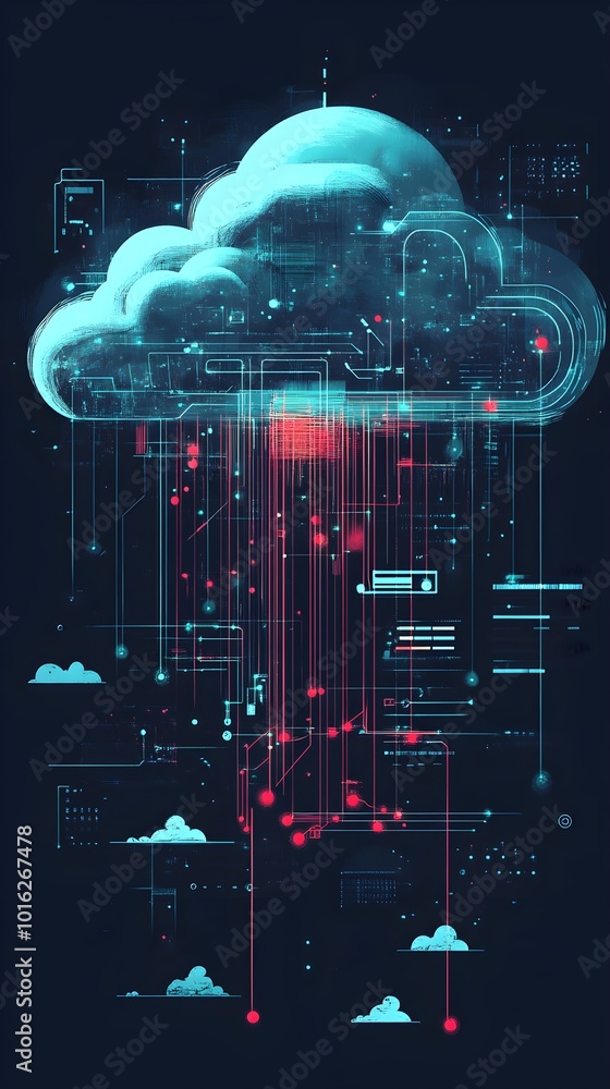 Wall mural glowing digital cloud with data streams on a dark background