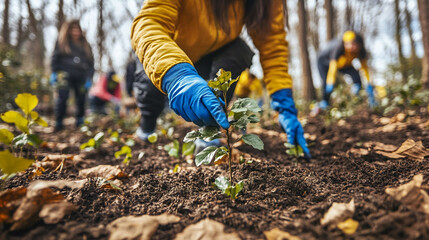 woman&rsquo;s hand gently plants a young tree in a forested area, symbolizing renewal, environmental stewardship, and hope for future generations. The image represents growth, sustainability, and ecological