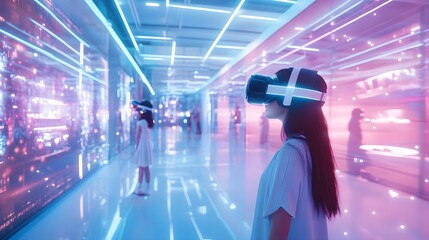 VR Experience in a Futuristic Neon Hallway
