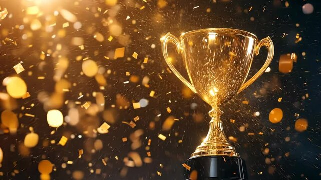 A gold cup with a trophy is surrounded by glittering confetti