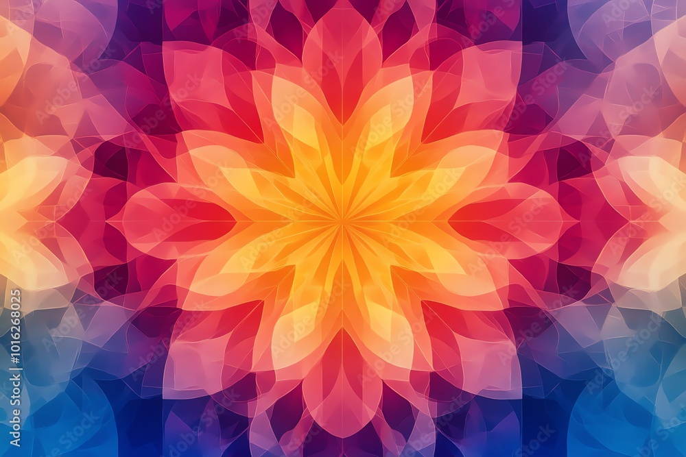 Poster abstract colorful floral pattern with overlapping layers creating a mandala design.