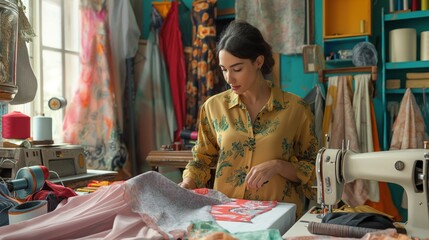 Focused woman reviews dress design in colorful tailoring studio. Woman in modern attire reviews fabric, sewing machine, pattern samples. Tailor at work, surrounded by sewing supplies, thread, fabric,