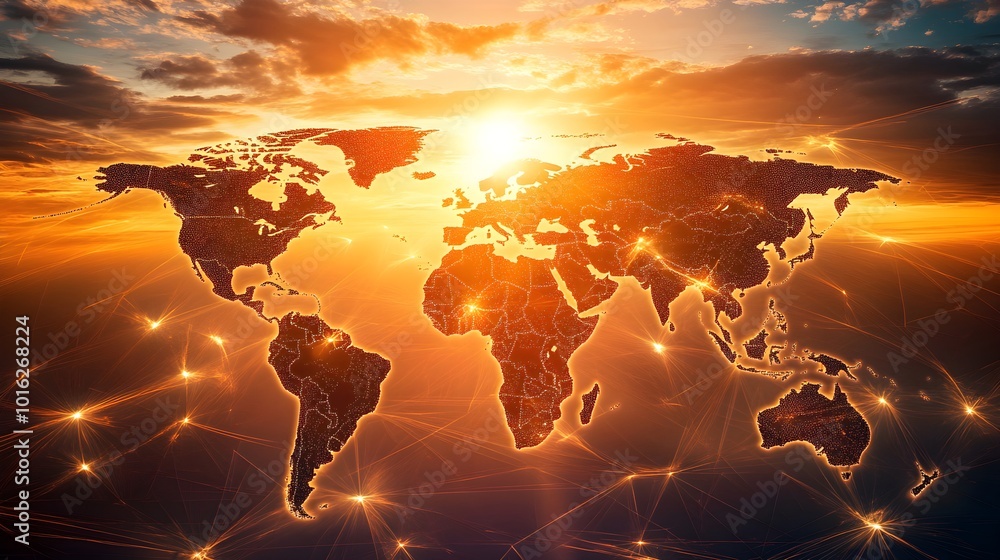 Wall mural digital glowing world map with interconnected network lines at sunset