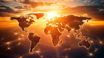 Digital glowing world map with interconnected network lines at sunset