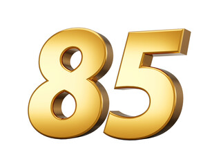 3d Shiny Gold Number 85, Eighty Five 3d Gold Number Isolated On White Background, 3d illustration
