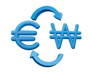 3d Blue Euro And Won Symbol Icons With Money Exchange Arrows On White Background, 3d illustration
