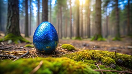 Mysterious blue and gold egg in the forest