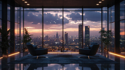 Fototapeta premium A skyscraper office offers a breathtaking view of the city at sunset, blending corporate vibes with serenity, capturing the essence of a bustling metropolis.