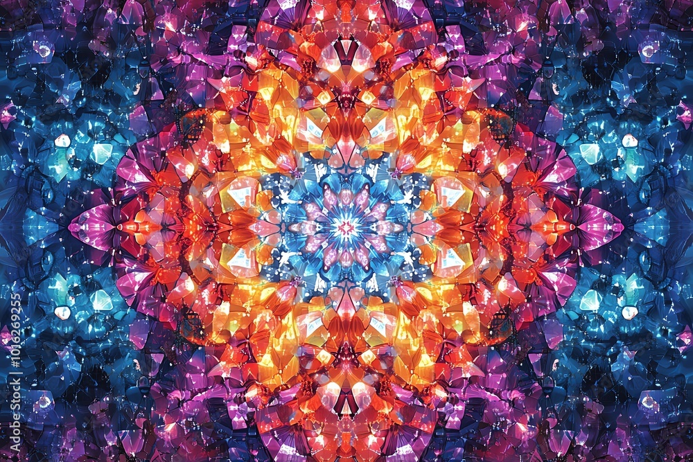 Poster abstract colorful geometric pattern with a repeating pattern of crystal-like shapes.