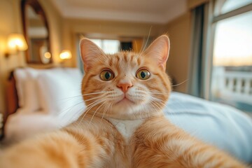 cat takes a selfie in a hotel, holiday, travel,hotel room