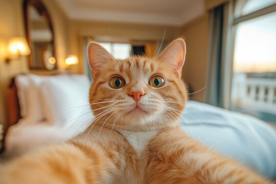 cat takes a selfie in a hotel, holiday, travel,hotel room