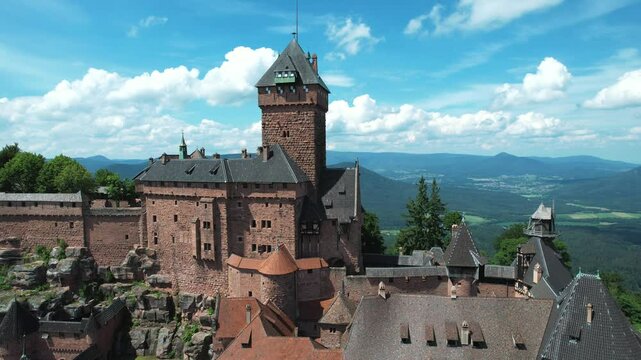 medieval castle filmed from the drone clody sky with a gorgeous cloudy sky background