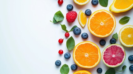 Fresh citrus and berries arranged on a plain background showcasing vibrant colors and healthy snacks