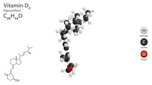 Vitamin D2, or ergocalciferol (C28H44O), is a vitamin derived from yeast and fungi exposed to ultraviolet light. It plays a vital role in calcium and phosphorus metabolism. White back. 3d render