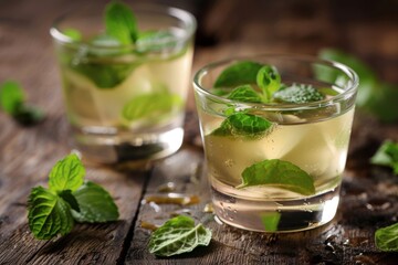 Refreshing mint-infused drinks in glasses on a rustic wooden surface.