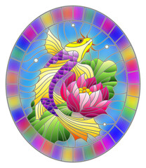Obraz premium Illustration in style of a stained-glass window with a bright fish and a flower of a lotus against water and vials of air , oval image in bright frame