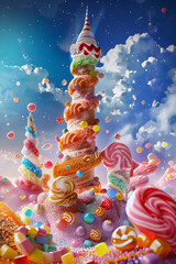 Towering candy spiral in a vibrant candyland wonderland beneath a bright blue sky