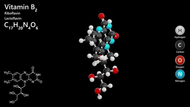 Molecule of Vitamin B2, or riboflavin (C17H20N4O6), is a water-soluble vitamin essential for energy production and cellular function. Black background. 3D rendering. Seamless loop