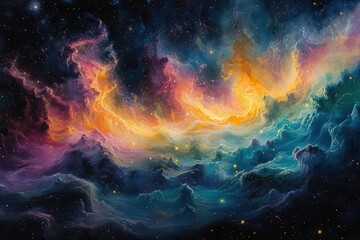 Fototapeta premium cosmic abstraction depicting the birth of the universe with swirling colors of vibrant stars comets and nebulae merging in a dreamlike expanse that sparks curiosity and imagination