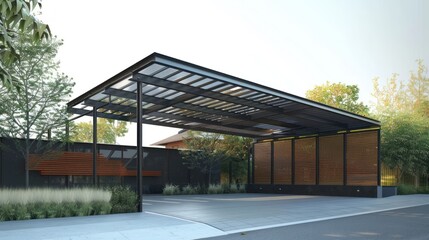 Fototapeta premium Modern Black Metal Canopy Over Concrete Patio With Grass and Trees
