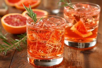Refreshing citrus cocktail with rosemary garnish and ice.