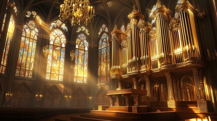 Obraz premium A grand organ in an old cathedral, its pipes stretching high up towards the ceiling, bathed in golden light 