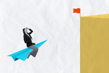 Creative Business Collage with Professional Woman on Paper Airplane Reaching for Success and...