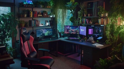 A high-tech home office with multiple screens, a comfortable gaming chair, and mood lighting