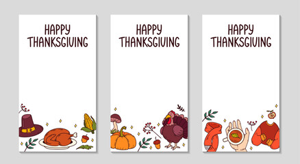 Happy Thanksgiving day Social media long greeting stories. Autumn doodle elements set with roast turkey, pumpkin food, corn. Harvest festival background. Fall season templates. Vector illustration.