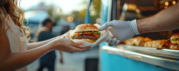 Street vendor serving a juicy burger from a food truck to a customer in a bustling urban setting