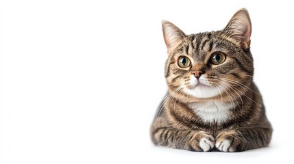 photography, portrait of a cute tabby cat tabby, white isolated background, copy space.