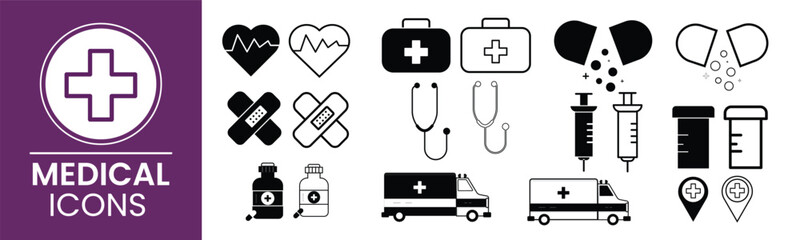 Obraz premium Medical icon set. Heartbeat, first aid kit, bandage, syringe, pills bottle, ambulance and more. Vector icons collection