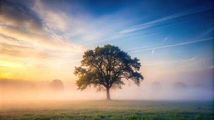 Naklejka premium Majestic tree engulfed in thick fog