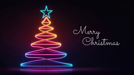 Vibrant neon christmas tree with star on dark background and merry christmas greetings text