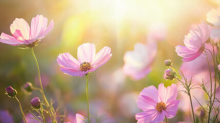 Delicate pink cosmos flowers gracefully reaching upward, bathed in the soft glow of warm sunlight, evoking a sense of calm and serenity in a dreamy garden setting.