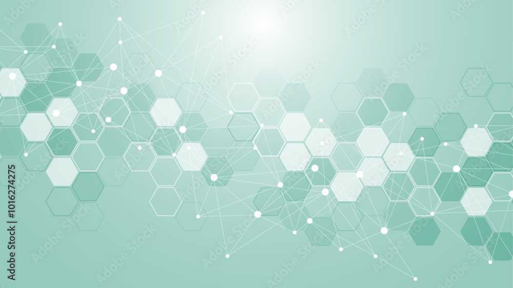 Wall mural modern scientific background with hexagons, lines and dots. wave flow abstract background. molecular