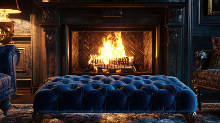 A lavish blue velvet ottoman sits in front of a roaring fireplace inside a regal room, creating an atmosphere of comfort and opulence with warm tones.