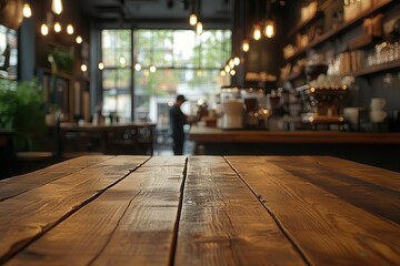 cozy cafe interior with soft focus and warm lighting empty wooden table in foreground blurred patrons and baristas in background inviting atmosphere for product display