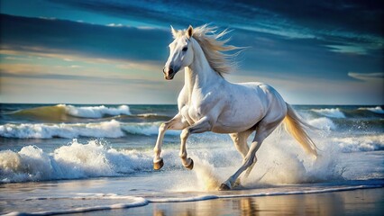 Obraz premium majestic white horse galloping along shore with ocean waves in background