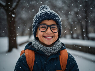 Young Asian boy with glasses, wearing winter hat and scarf, smiling in snow