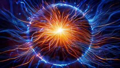 Glowing spherical core with radiant orange energy beams and blue electric streams. Abstract shape