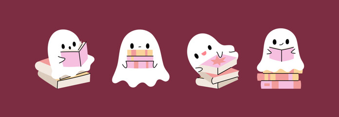 Halloween Cute Ghost Bookish on Book Stack With Pink Tone Set Vector Illustration in Flat Style