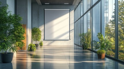Obraz premium A modern office hallway with large windows, potted plants, and a blank projection screen.