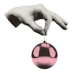 The hand holds a Christmas tree toy in the shape of a disco ball. Trendy vintage collage in halftone style.