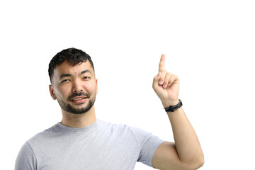 Man, on a white background, close-up, pointing up