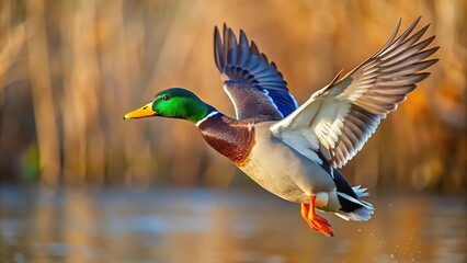 Obraz premium Mallard duck flying in the air isolated on white background