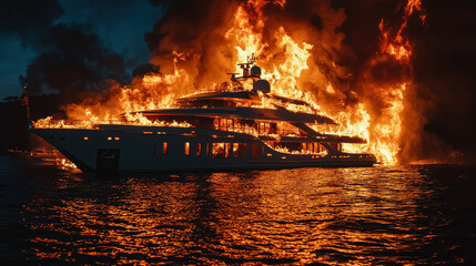Fototapeta premium A luxurious yacht is dramatically consumed by raging flames against the backdrop of the night sky, casting an eerie glow upon the calm waters surrounding it.