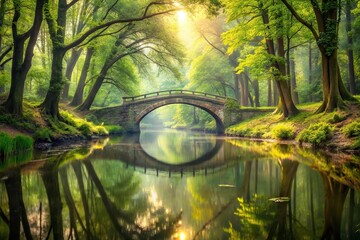 Mystical forest with river and bridge reflection on water