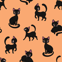 Simple seamless pattern with cute and elegant black cats on an orange background. Repeated surface vector design.