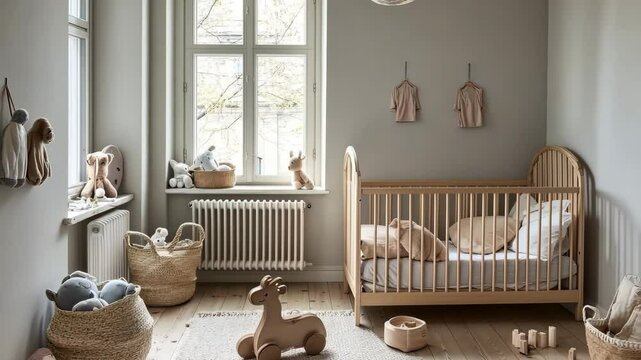A nursery room with a crib, a rocking horse, and a basket of stuffed animals